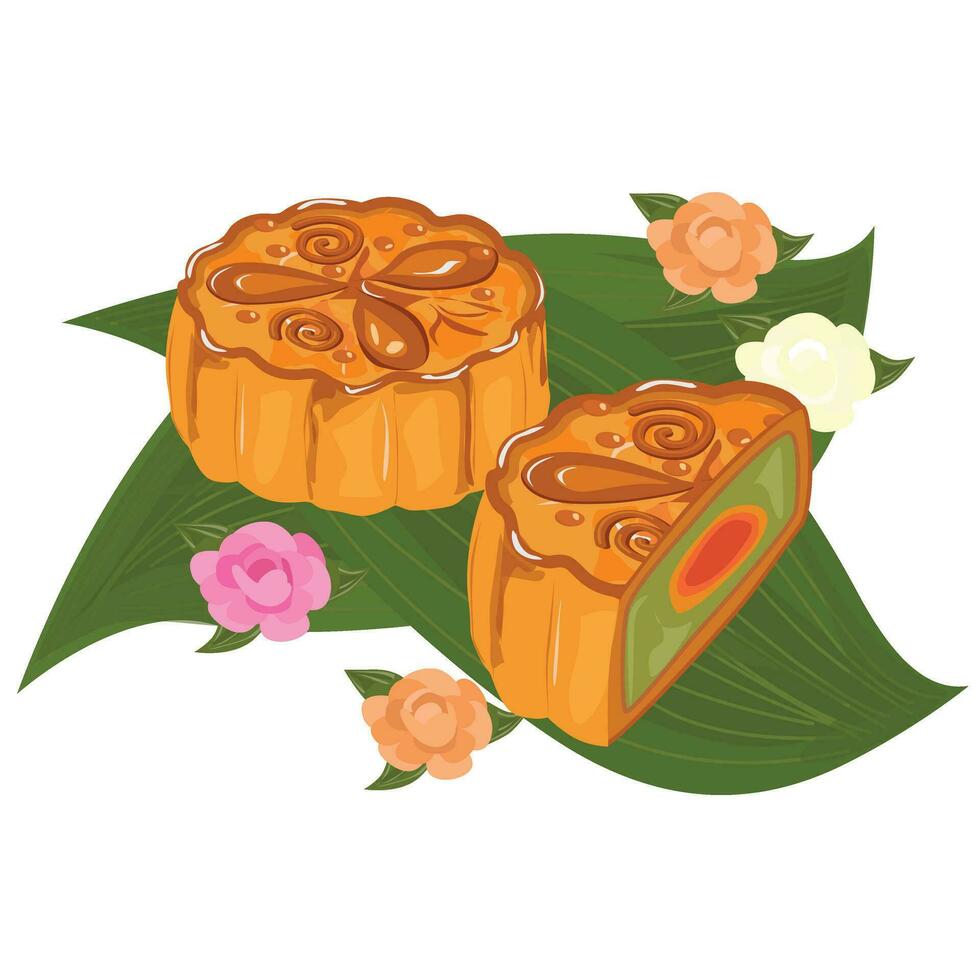 mooncake vector illustratie set. traditioneel Chinese mooncake in geheel vol maat, voor de helft gesneden, stukken, kwartaal. mooncake voor midden herfst festival. bakkerij. Aziatisch voedsel. maan taart klem kunst.