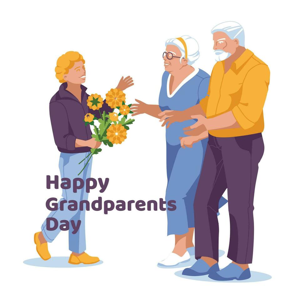 grootouders dag groet kaart. een jongen groeten een ouderen paar met een bloem boeket Aan een wit achtergrond. vector vlak illustratie