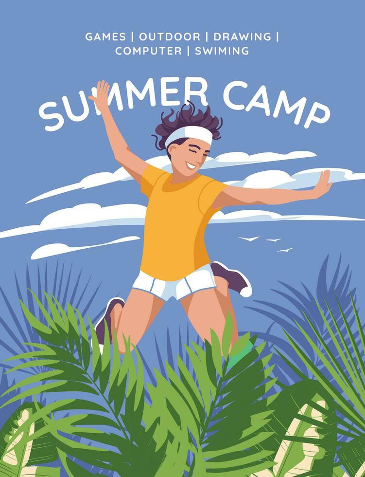 advertentie van een kinderen zomer kamp. gelukkig jumping weinig meisje onder palm boom bladeren Aan de blauw lucht achtergrond. vector vlak illustratie. poster, fladder.
