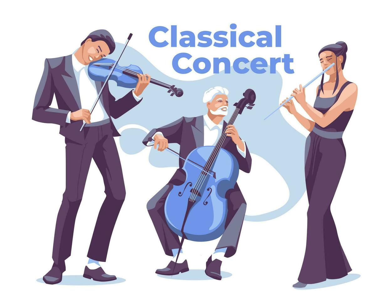 een groep van klassiek of jazz- muziek- een violist, een cellist en een fluitist. gekleed in elegant pakken. muziek- concert, Speel of festival. vector vlak illustratie.