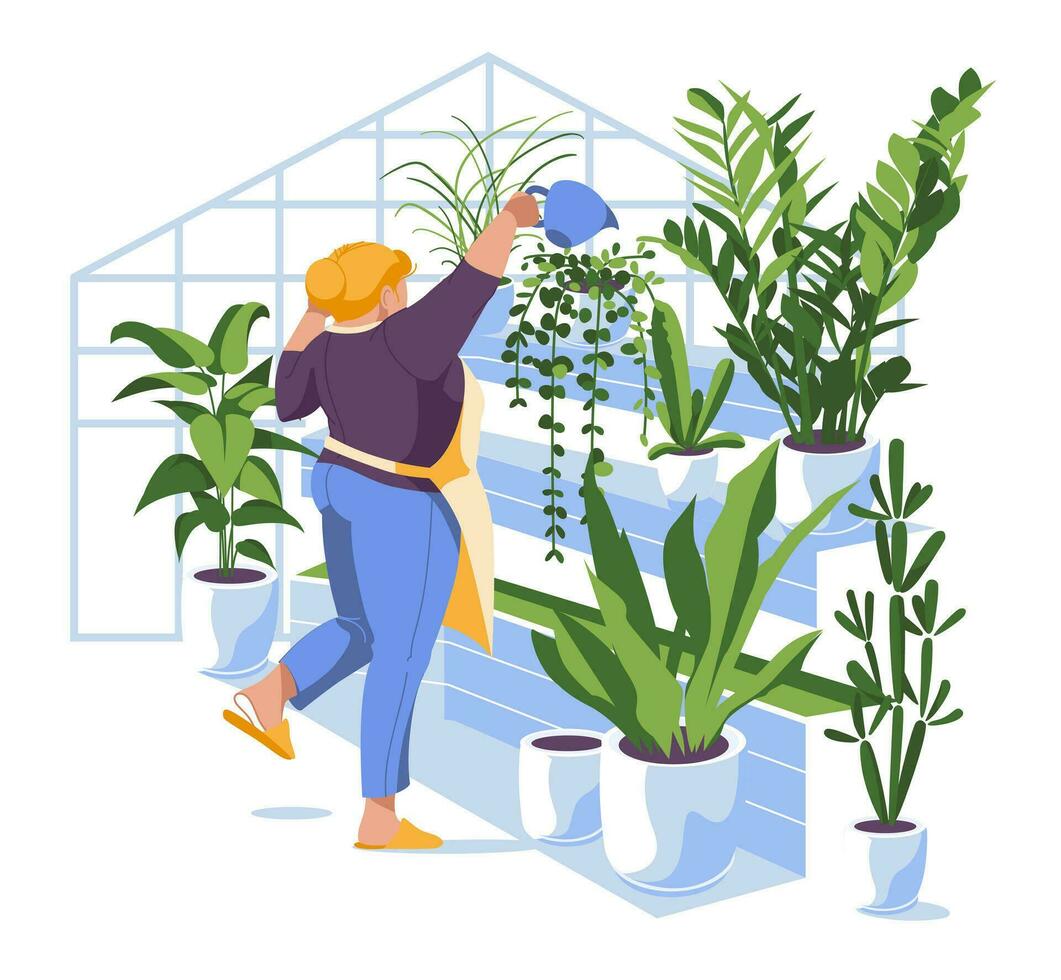 de meisje duurt zorg van de bloemen in de serre. huis tuinieren en concept van aanplant binnenshuis. vlak vector illustratie