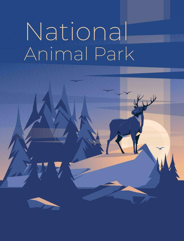 eenvoud van een meetkundig blauw landschap met een hert Aan een steen. zonsopkomst en harmonie. toerisme en natuur park. vector illustratie