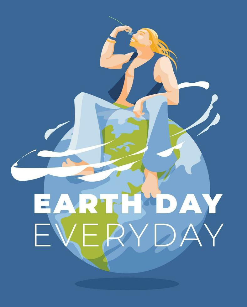 een jong blond vent met lang haar- zit Aan een wereldbol en snuift een bloem. aarde dag en milieu ecologie concept poster. vector vlak illustratie