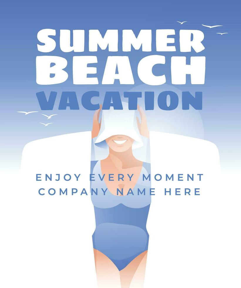 een meisje gekleed in een zwempak en een zomer hoed, staand met een handdoek. vector illustratie. vakantie, zomer en strand vakantie. blauw lucht helling achtergrond.