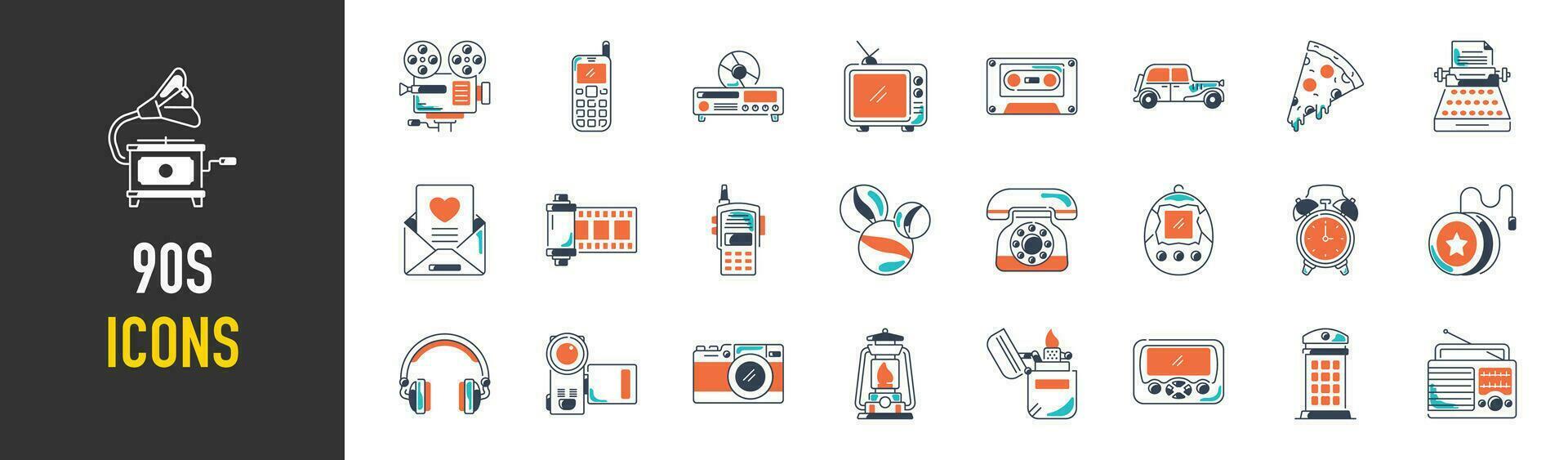 verzameling van nostalgisch retro gadgets spellen en apparaten. vector illustratie. 90s modieus tekenfilm illustraties voor grafisch ontwerpen