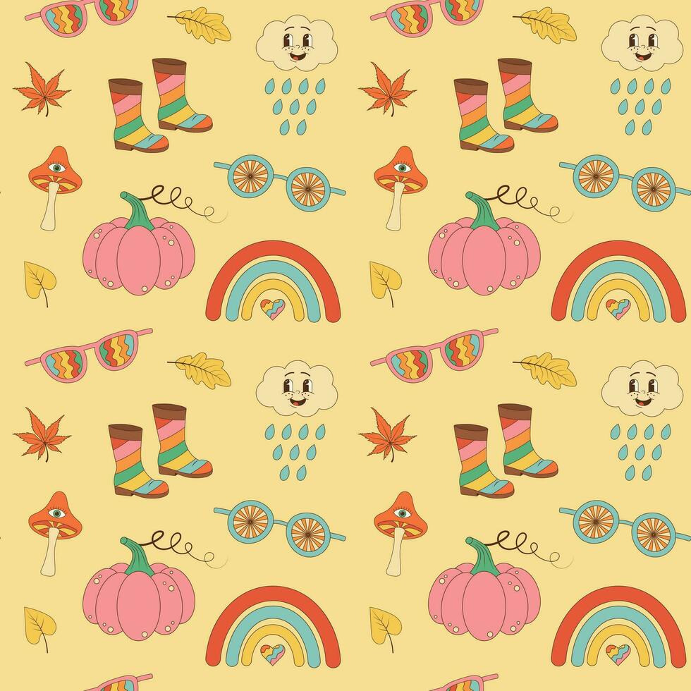 herfst retro groovy naadloos patroon. hippie paddestoel, pompoen, rubber laarzen, groovy wolk, regenboog, bril en bladeren Aan pastel achtergrond vector
