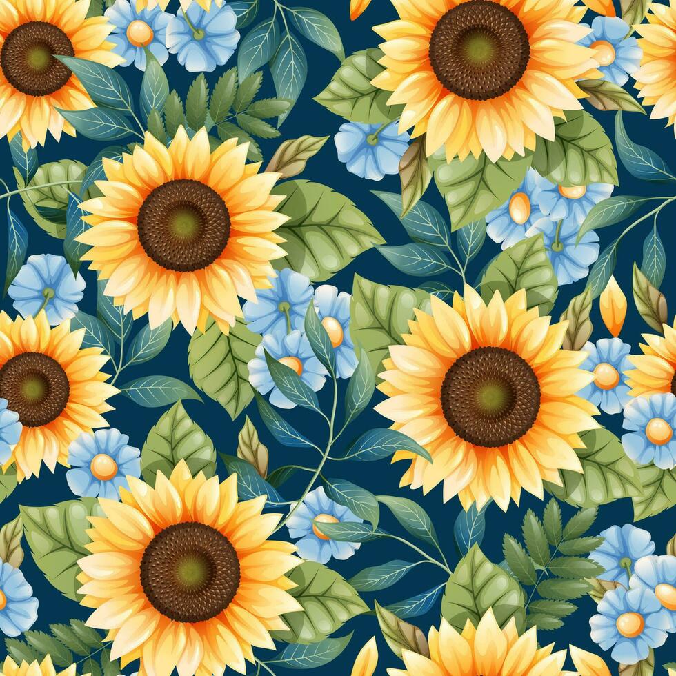 naadloos patroon met geel zonnebloemen, blauw madeliefjes en kleurrijk bladeren. herfst structuur in blauw en geel kleuren. geschikt voor kleding stof, behang, omhulsel papier, kaarten. vector