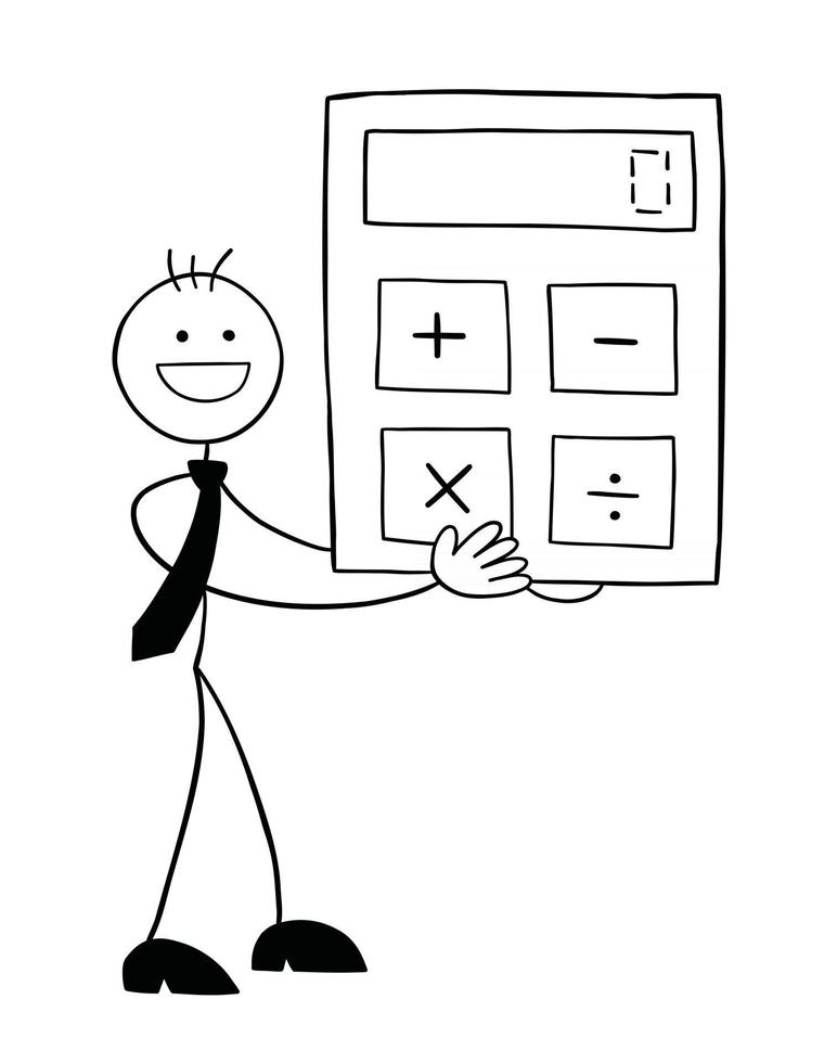 stickman zakenman karakter met rekenmachine en lachende vector cartoon afbeelding