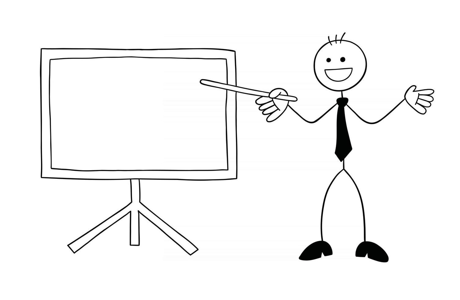 stickman zakenman karakter gelukkig en voor het whiteboard en wijzend met een stok vector cartoon afbeelding