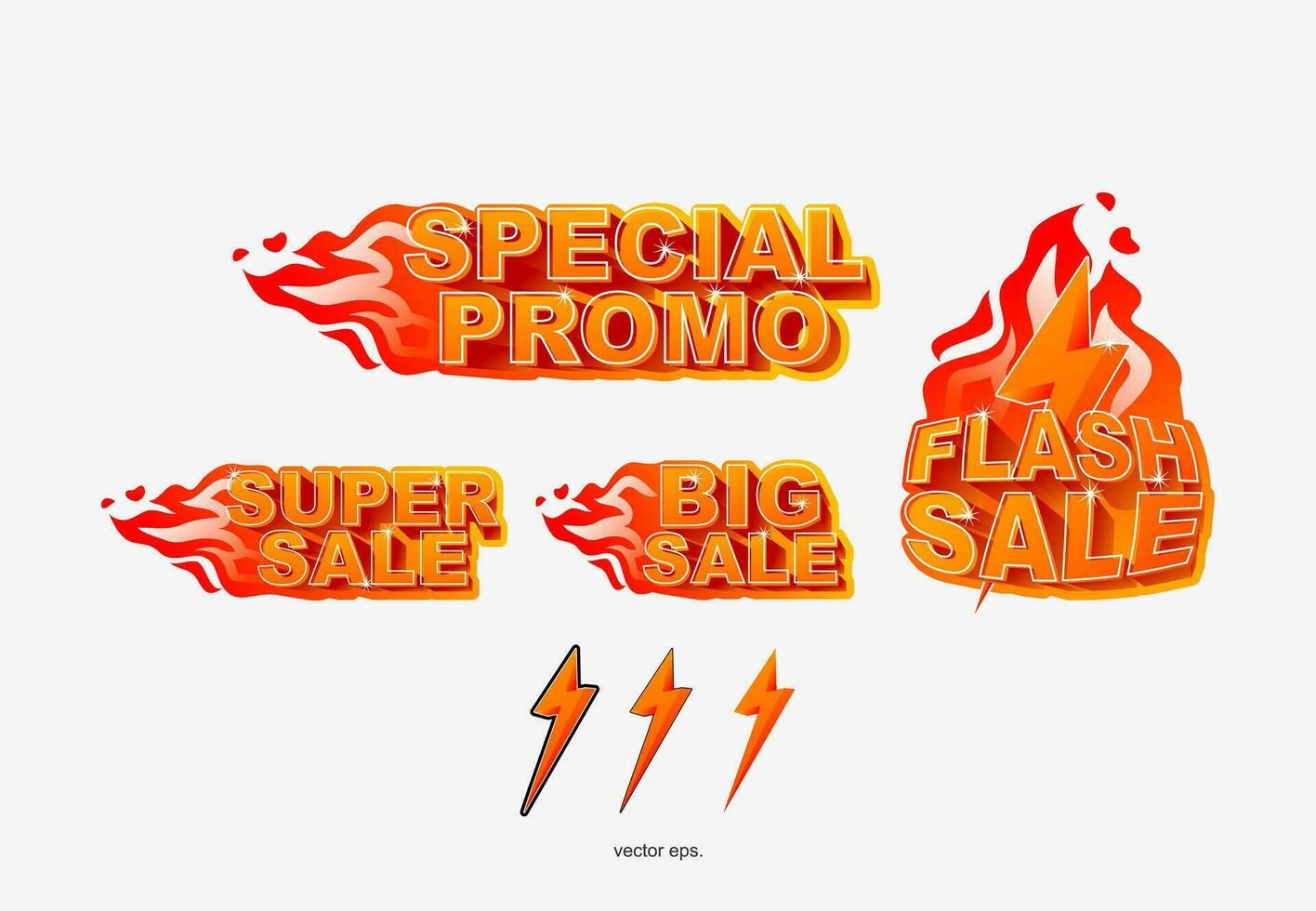 een reeks van vier verschillend uitverkoop tekens met vlammen, vector speciaal promo, super uitverkoop, groot uitverkoop, flash uitverkoop