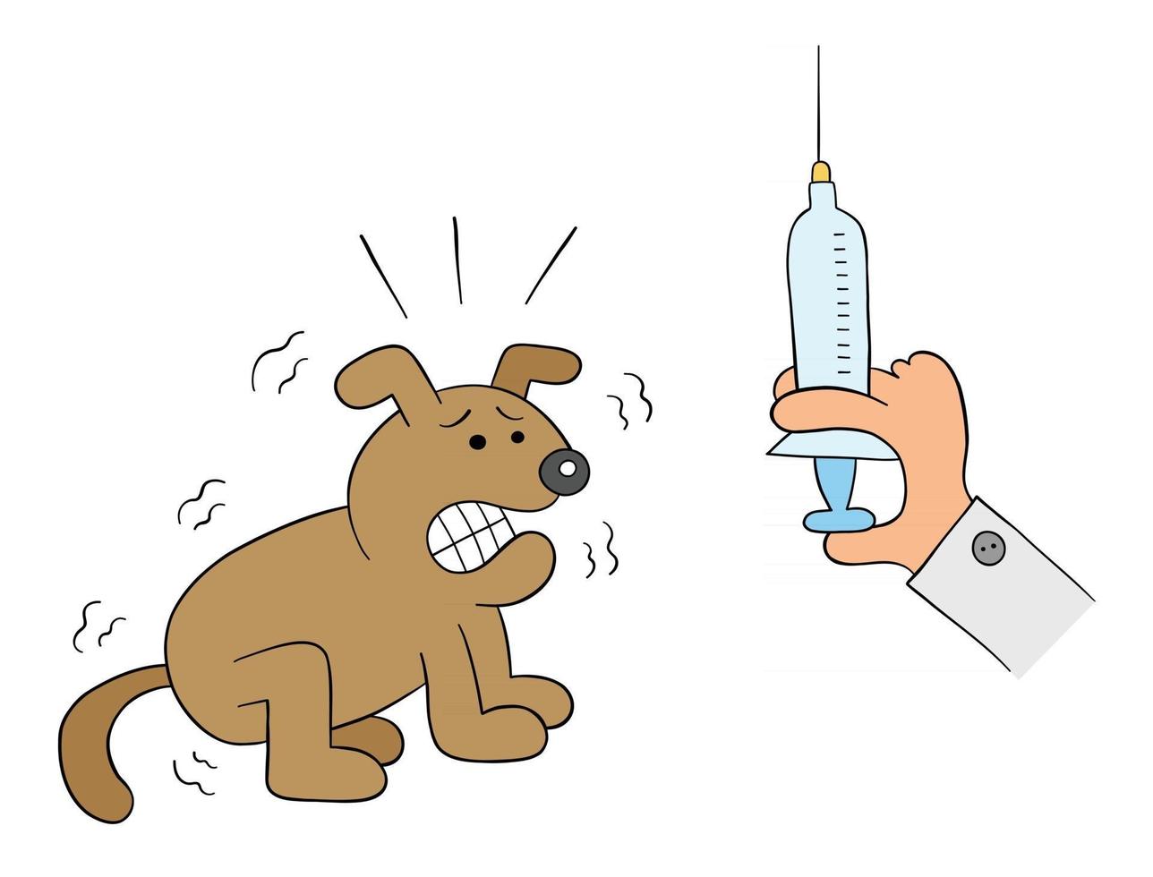 cartoon hond is bang als hij de spuit in de hand van dierenartsen ziet vectorillustratie vector