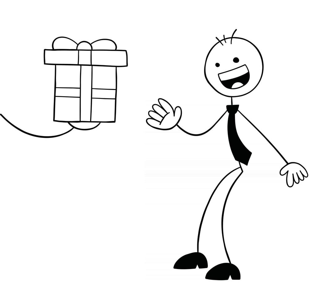 stickman zakenman karakter ontvangt een geschenk en is erg blij cartoon vectorillustratie vector