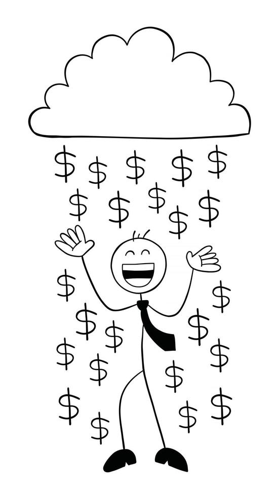 stickman zakenman karakter onder de wolk en zo blij met de dollar regen vector cartoon afbeelding