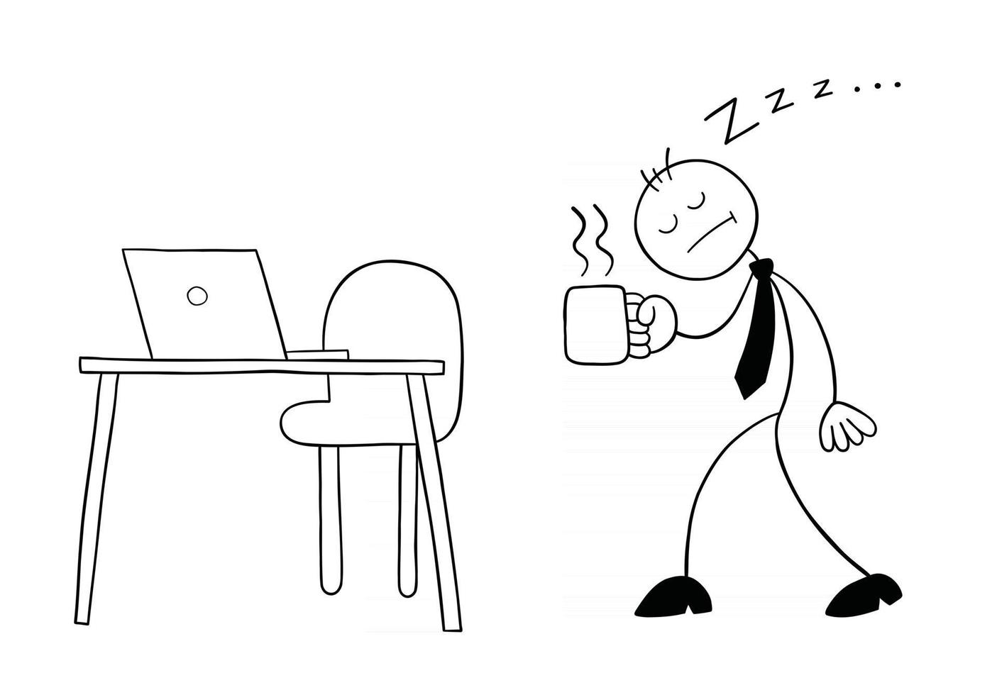 stickman zakenman karakter erg slaperig lopen naar zijn bureau met koffie vector cartoon afbeelding