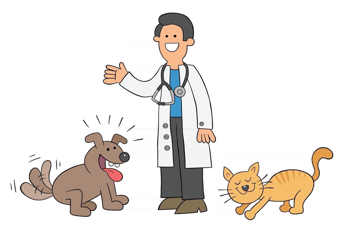 cartoon de dierenarts is bij de kat en de hond en ze zijn erg blij vectorillustratie vector