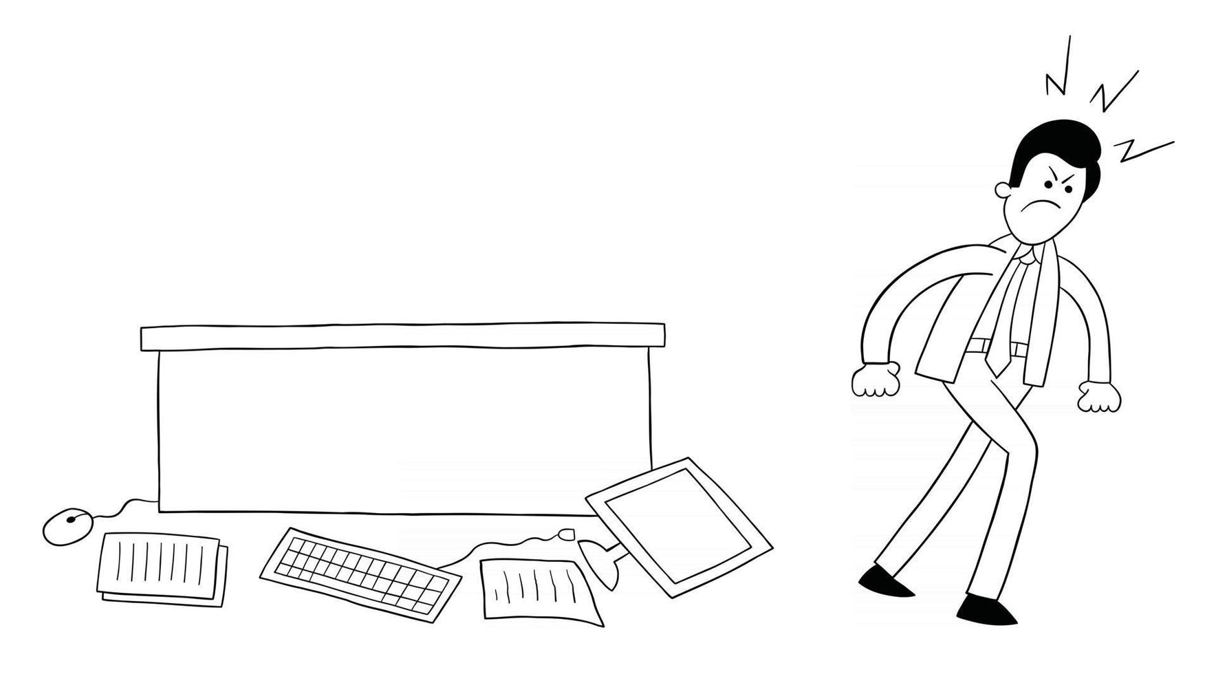 cartoon zakenman heel boos gooide de computer en papieren op tafel op de grond vectorillustratie vector