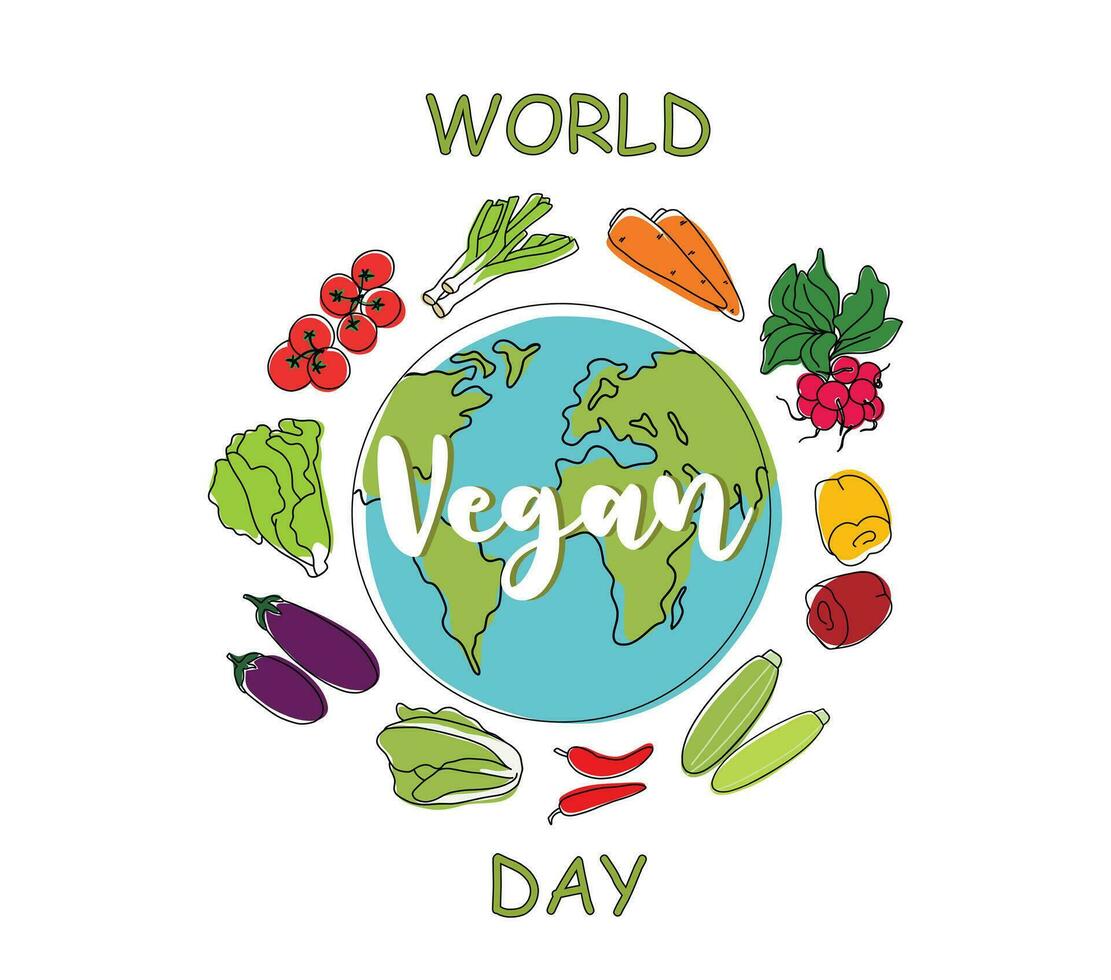 wereld veganistisch dag. vector hand- getrokken illustratie met planeet en groenten. schattig kleurrijk veganistisch kaart in tekening stijl. illustratie is voor affiches, kaarten, dekt, etiketten, stickers en enz.