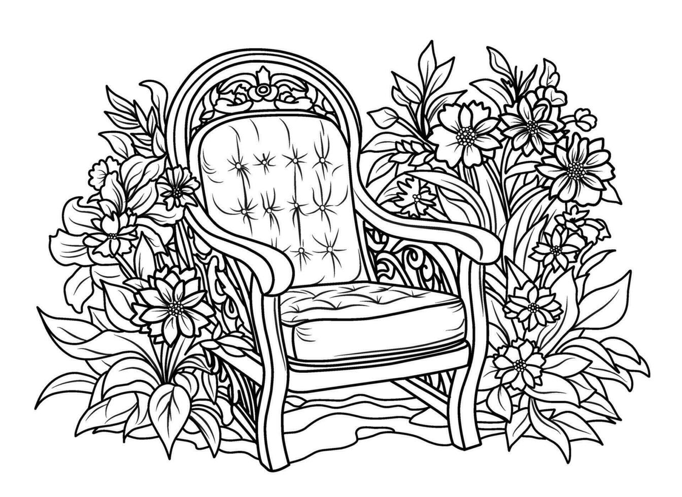 kleur bladzijde van een mooi romantisch tuin. fauteuil in de tuin tussen bloemen vector