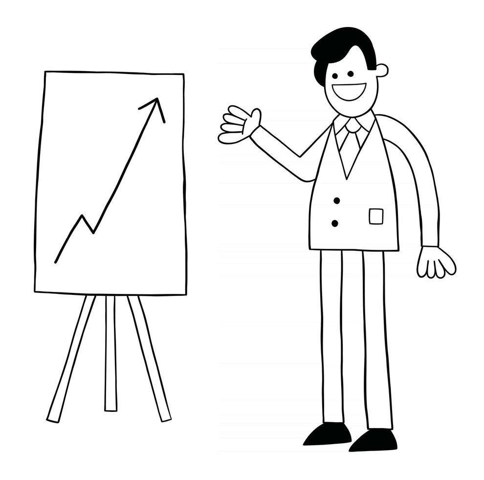 cartoon zakenman erg blij om stijgende verkoopgrafiek vectorillustratie te zien vector