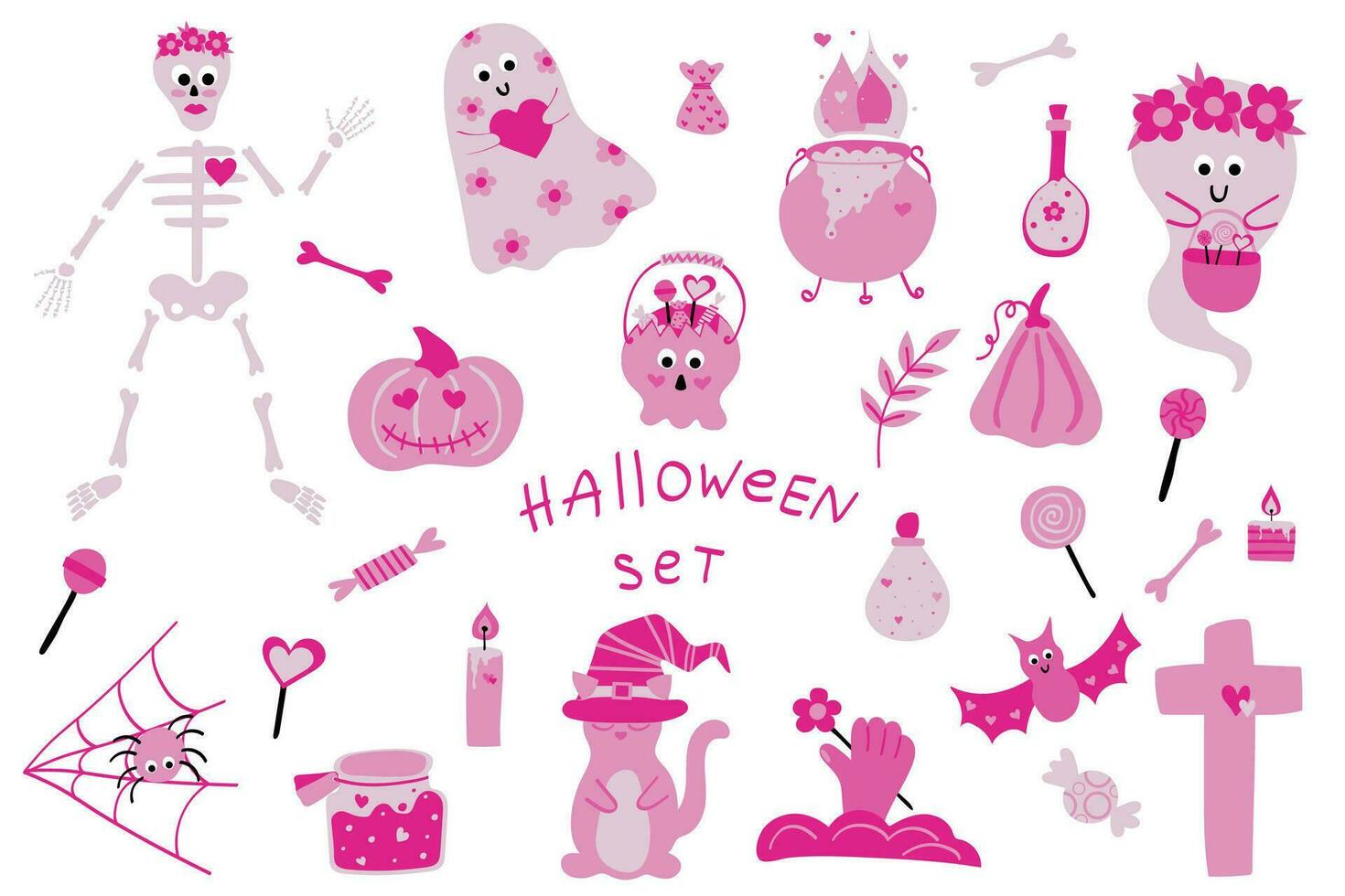 reeks van roze gelukkig halloween stickers. schattig reeks in roze kleuren. pompoen, geest, ogen, heks, ketel, spin, snoepgoed, skelet, knuppel, kruis, hand, kaars vector