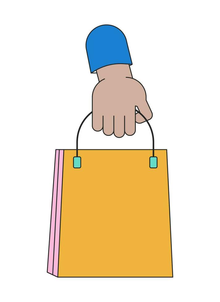 Holding gebrandmerkt papier zak lineair tekenfilm karakter hand- illustratie. draag- boodschappen doen zak schets 2d vector afbeelding, wit achtergrond. verkoop kleding op te slaan verpakking bewerkbare vlak kleur clip art