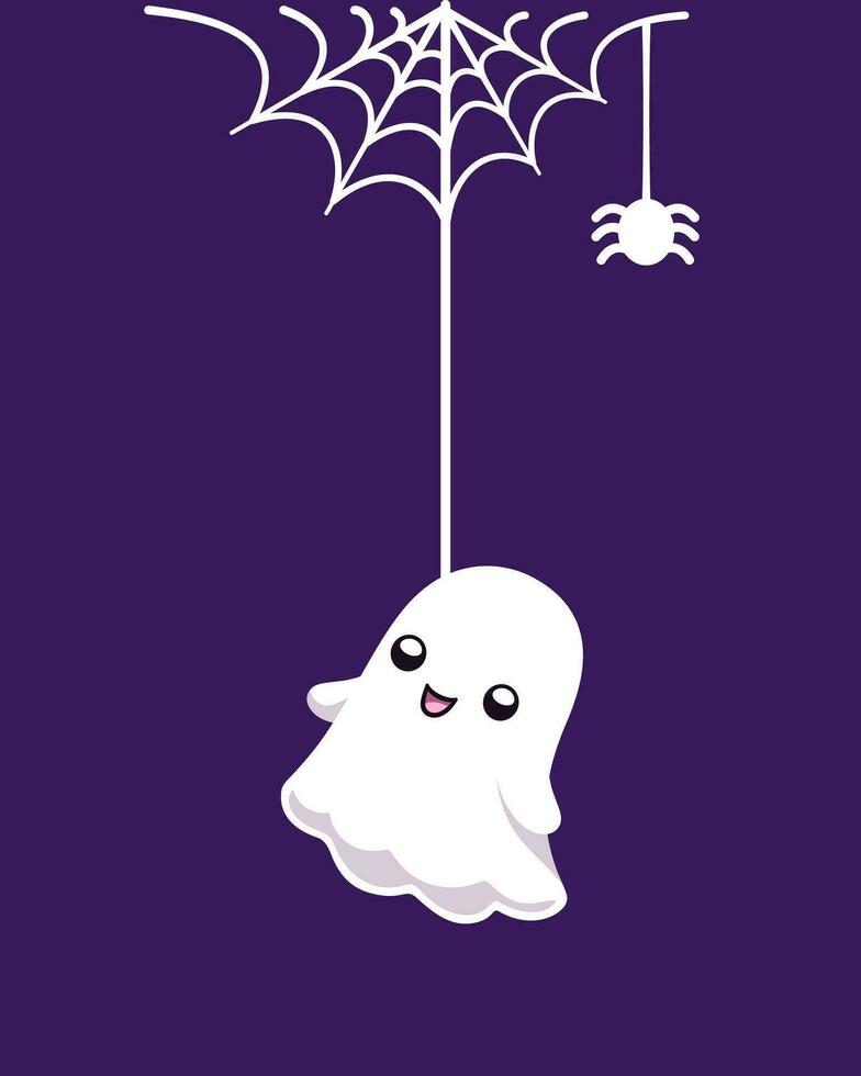 schattig geest hangende Aan een spin web tekenfilm, gelukkig halloween spookachtig ornamenten decoratie vector illustratie