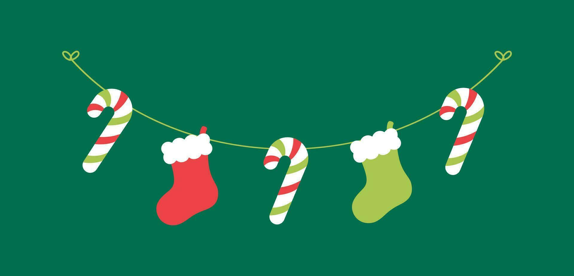 Kerstmis kous en snoep riet slinger vector illustratie, Kerstmis grafiek feestelijk winter vakantie seizoen vlaggedoek