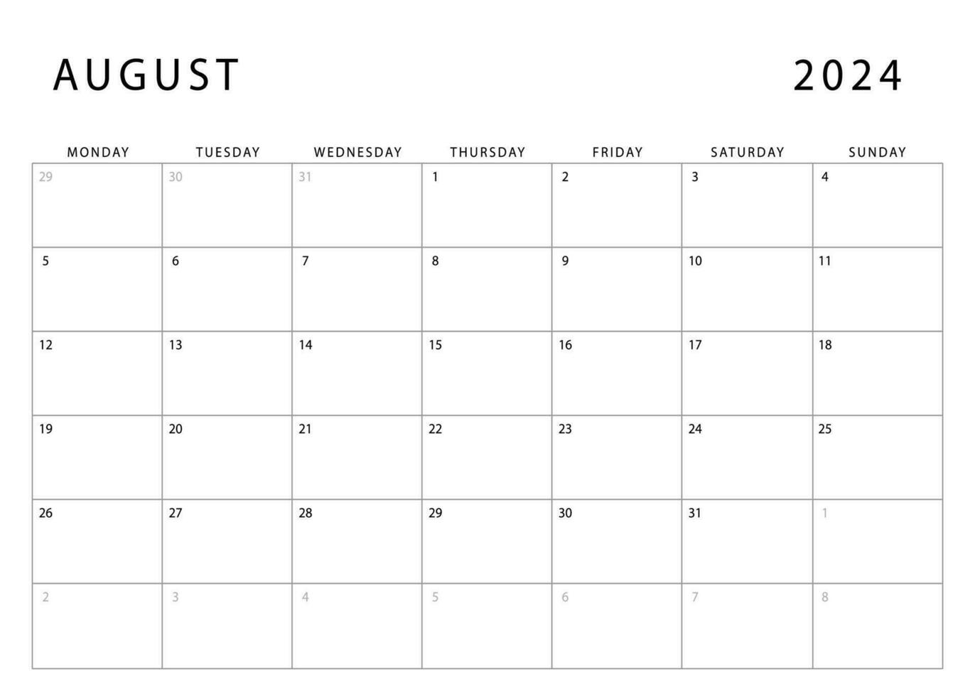 augustus 2024 kalender. maandag begin. maandelijks ontwerper sjabloon. vector ontwerp