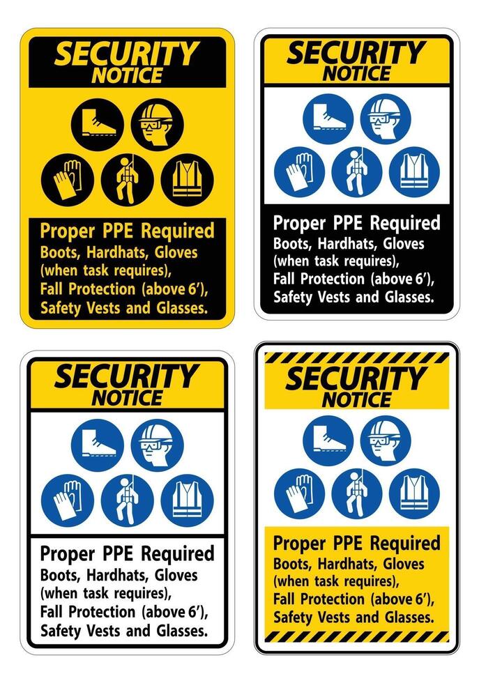 veiligheidswaarschuwingsbord juiste pbm vereist laarzen, veiligheidshelmen, handschoenen wanneer de taak valbeveiliging vereist met pbm-symbolen vector