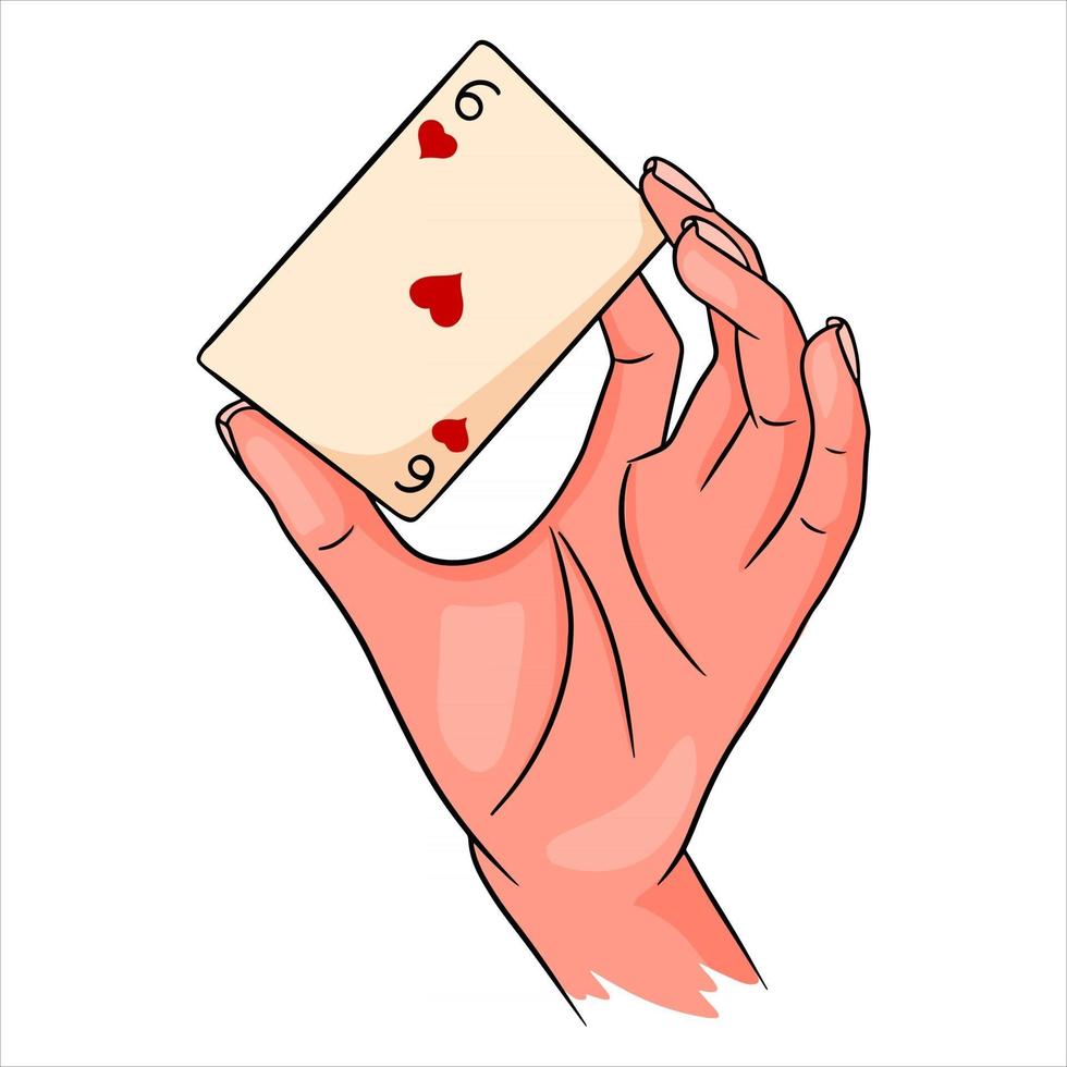 gokken. speelkaart in de hand. casino, geluk, fortuin. zes van wormen. vector