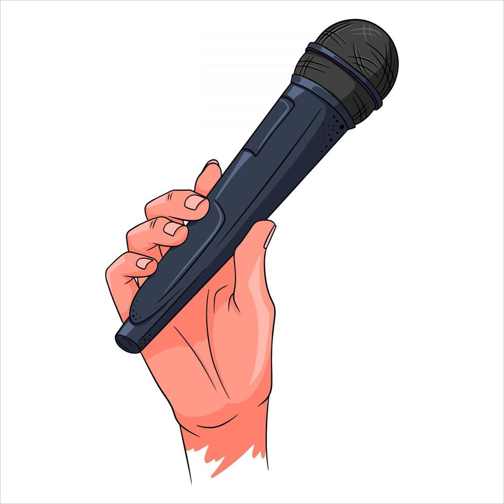muziek. microfoon bij de hand. een hulpmiddel om het geluid te verhogen. cartoon-stijl. vector