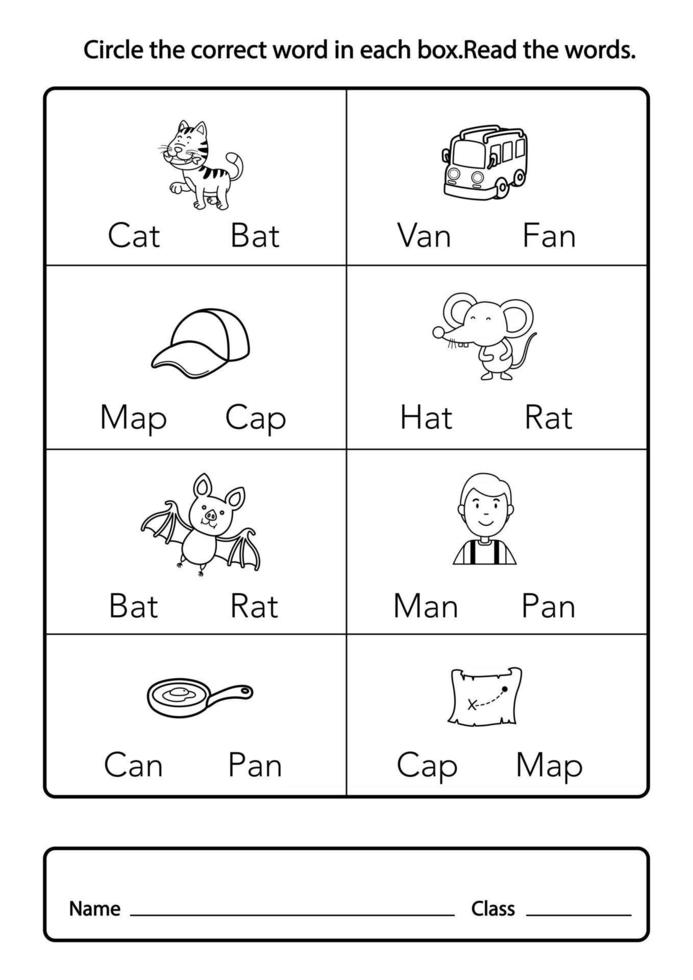 omcirkel het juiste woord in elk vak lees de woorden.kleur de afbeelding illustratie, vector