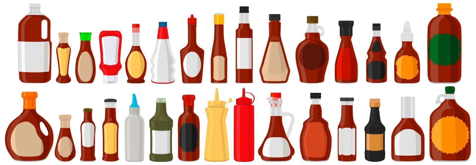 illustratie op thema grote kit gevarieerd glazen flessen gevuld vloeibare saus ketchup vector
