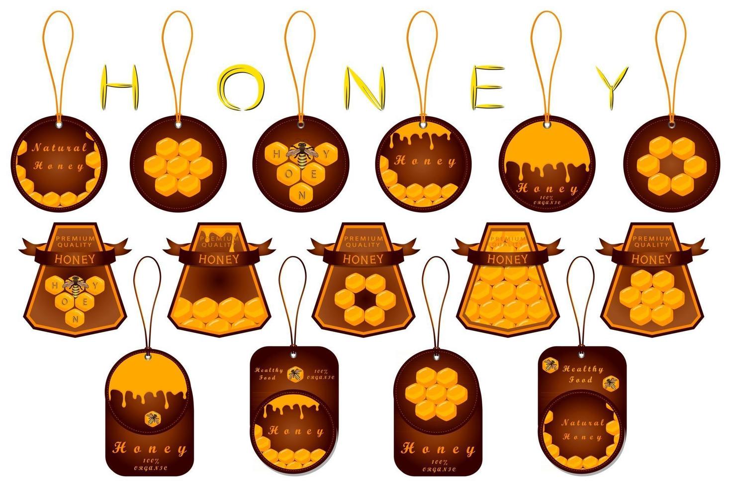 illustratie op thema voor grote set label van suikerachtige stromende honing in honingraat vector
