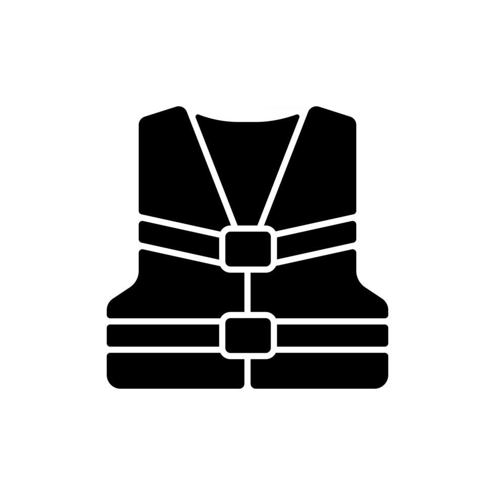 reddingsvest zwart glyph-pictogram. persoonlijk drijfmiddel. opblaasbaar zwemvest voor watersporten. in het water blijven drijven. silhouet symbool op witte ruimte. vector geïsoleerde illustratie