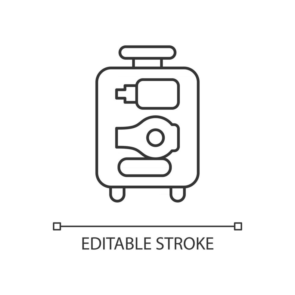 open koffer lineaire pictogram. bagage met cosmetische en hygiënische voorzieningen voor op reis. dunne lijn aanpasbare illustratie. contour symbool. vector geïsoleerde overzichtstekening. bewerkbare streek