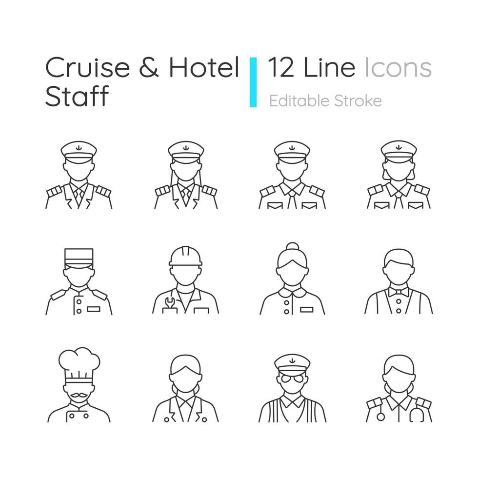 cruise en hotelpersoneel lineaire pictogrammen instellen. comfortabele vakantie. professionele bemanning controleren. aanpasbare dunne lijncontoursymbolen. geïsoleerde vectoroverzichtsillustraties. bewerkbare streek vector