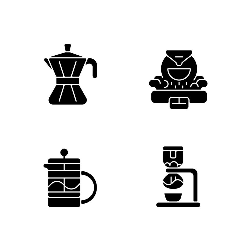 koffiezet apparaat zwarte glyph pictogrammen instellen op witte ruimte. mokka pot. professionele commerciële koffiebrander voor bonen. Franse media. espresso maken. silhouet symbolen. vector geïsoleerde illustratie