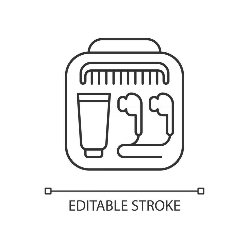 luchtvaartmaatschappij voorzieningen lineaire pictogram. handtas met draagbare spullen voor reiscomfort. essentiële dingen. dunne lijn aanpasbare illustratie. contour symbool. vector geïsoleerde overzichtstekening. bewerkbare streek