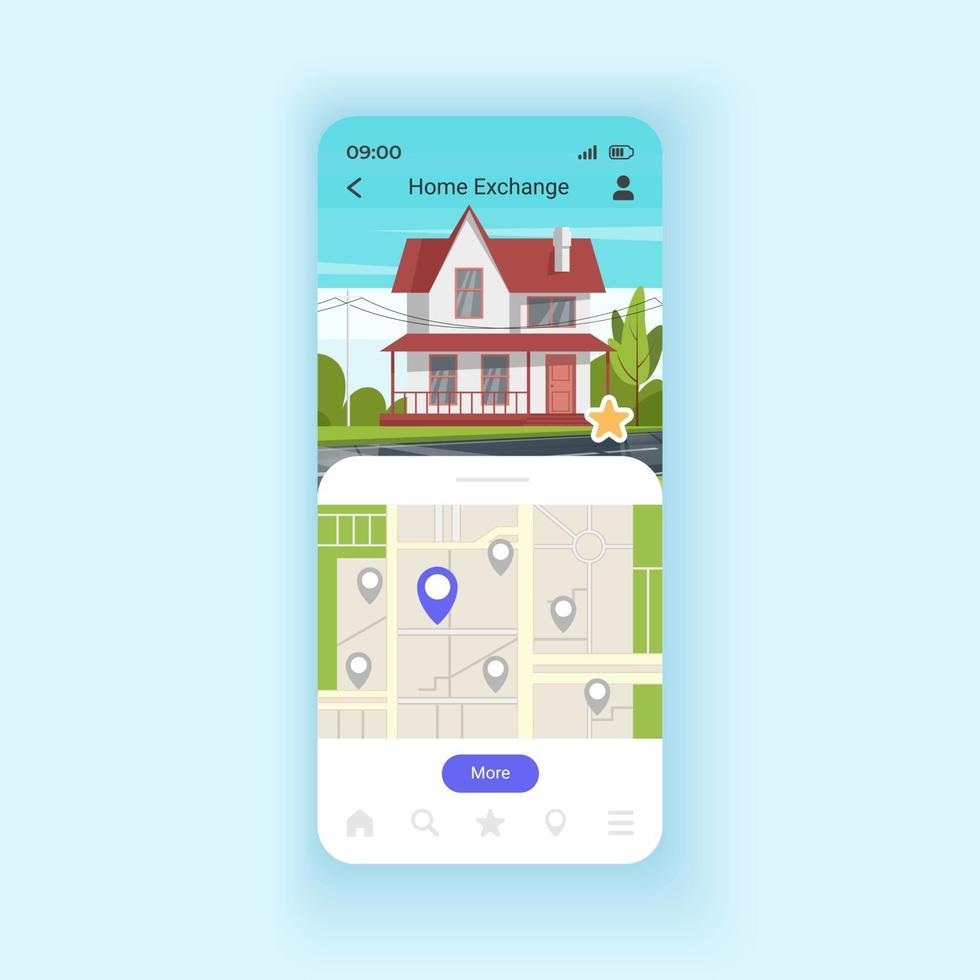 huizen ruilen voor vakantie vectorsjabloon voor smartphone-interface. nieuwe plekken ontdekken. lay-out van het mobiele app-paginaontwerp. appartement wisselen scherm. platte ui voor toepassing. telefoon display vector