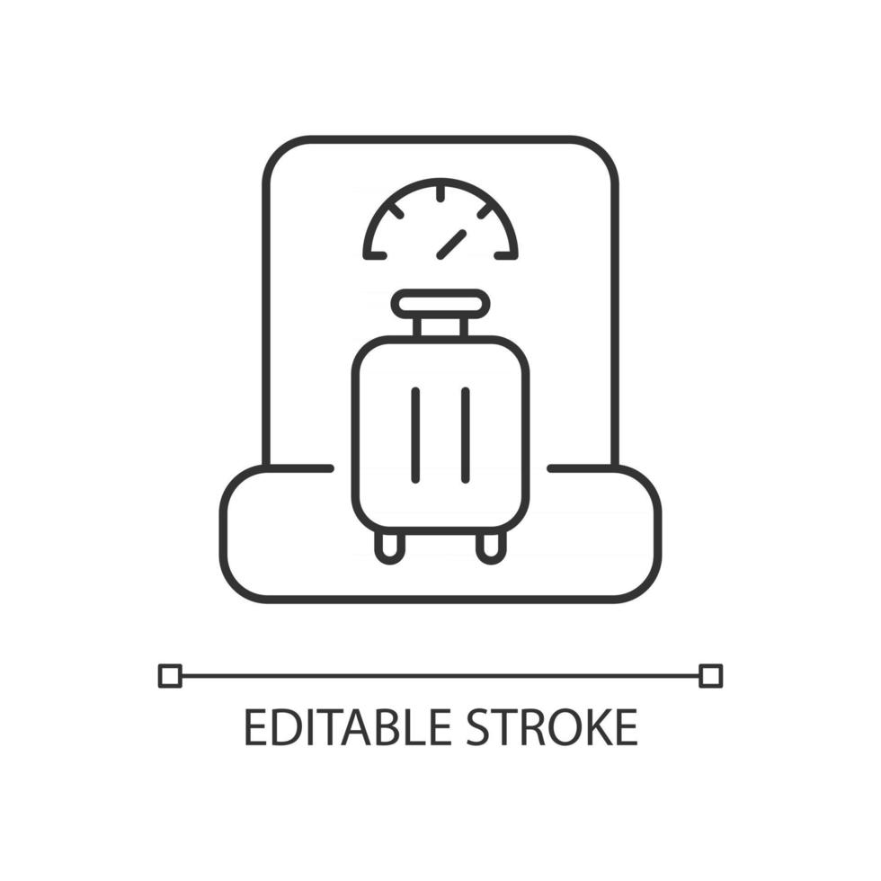 bagage gewicht lineaire pictogram. bagage wegen in luchthaven. reiskoffer check. dunne lijn aanpasbare illustratie. contour symbool. vector geïsoleerde overzichtstekening. bewerkbare streek