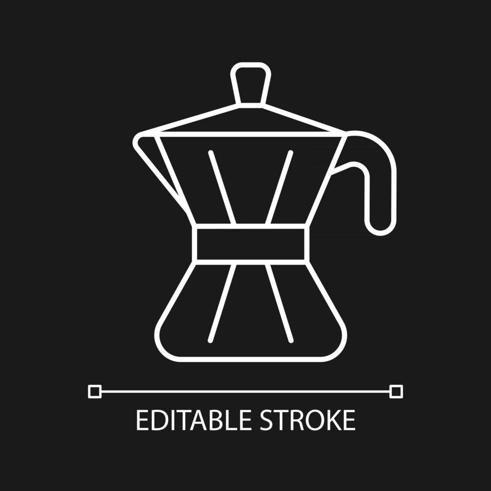 moka pot wit lineair pictogram voor donker thema. stalen gebruiksvoorwerp voor keuken. koffiezetapparaat. dunne lijn aanpasbare illustratie. geïsoleerd vectorcontoursymbool voor nachtmodus. bewerkbare streek vector