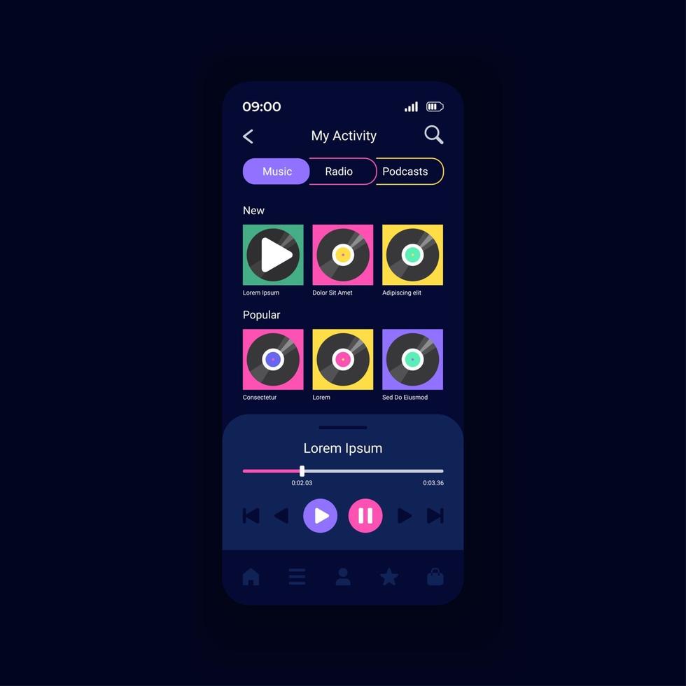 liedjes en podcasts vectorsjabloon voor smartphone-interface afspelen. live radiostations streamen. lay-out van het mobiele app-paginaontwerp. scherm met muziekafspeellijsten. platte ui voor toepassing. telefoon display vector