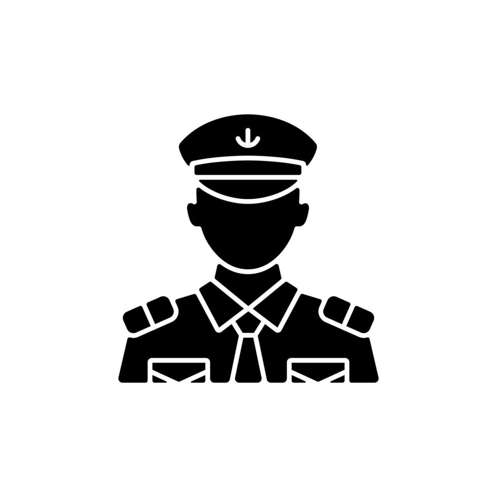 mannelijke hoofdofficier zwarte glyph-pictogram. kapitein helpen bij het organiseren van een comfortabele reis. controlerende bemanning. cruisereizen voor bezoekers. silhouet symbool op witte ruimte. vector geïsoleerde illustratie