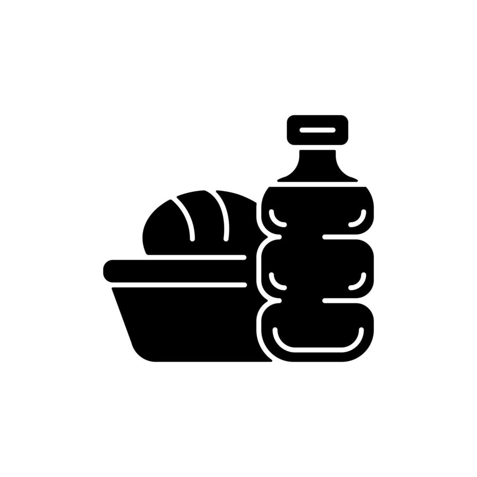 vliegtuig voedsel zwarte glyph pictogram. maaltijd tijdens de vlucht. cateringservice van de luchtvaartmaatschappij. essentiële dingen voor toeristen. objecten op reisformaat. silhouet symbool op witte ruimte. vector geïsoleerde illustratie