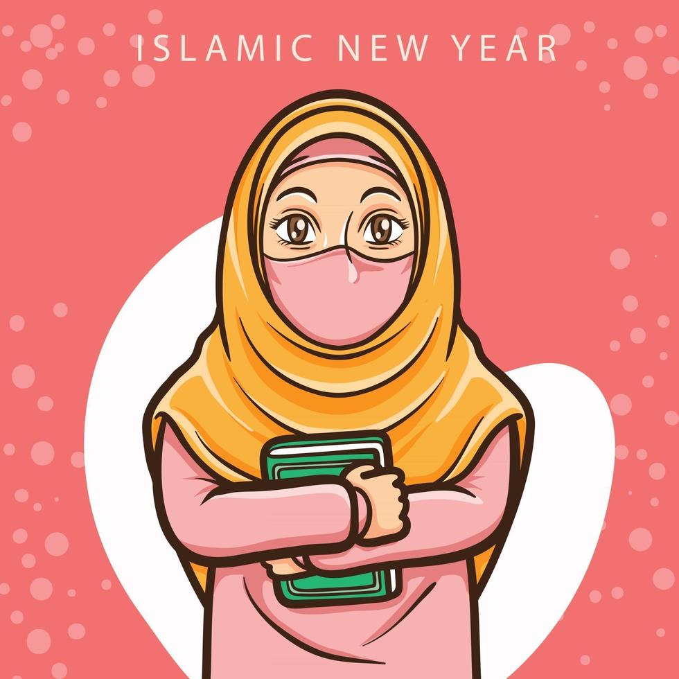 moslim meisje groet gelukkig muharram islamitisch nieuwjaar vector