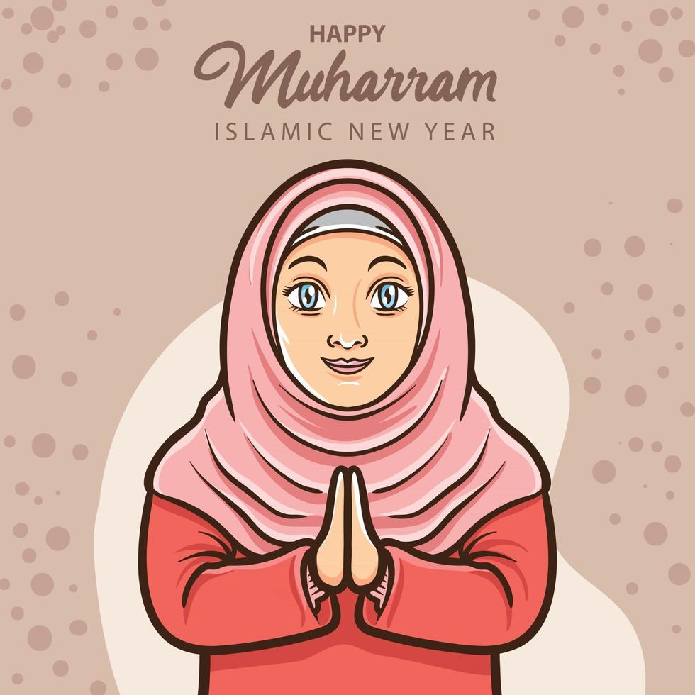 glimlach moslim meisje groet gelukkig islamitisch nieuwjaar vector