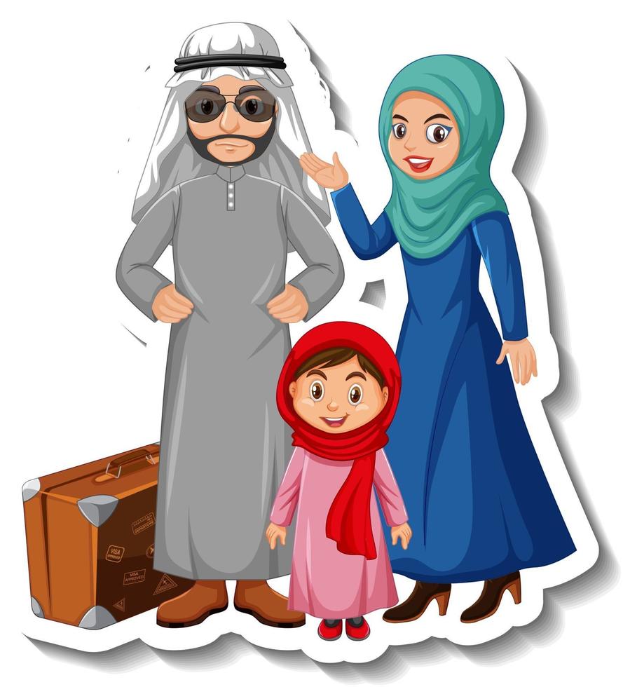 gelukkige arabische familie stripfiguur sticker op witte achtergrond vector