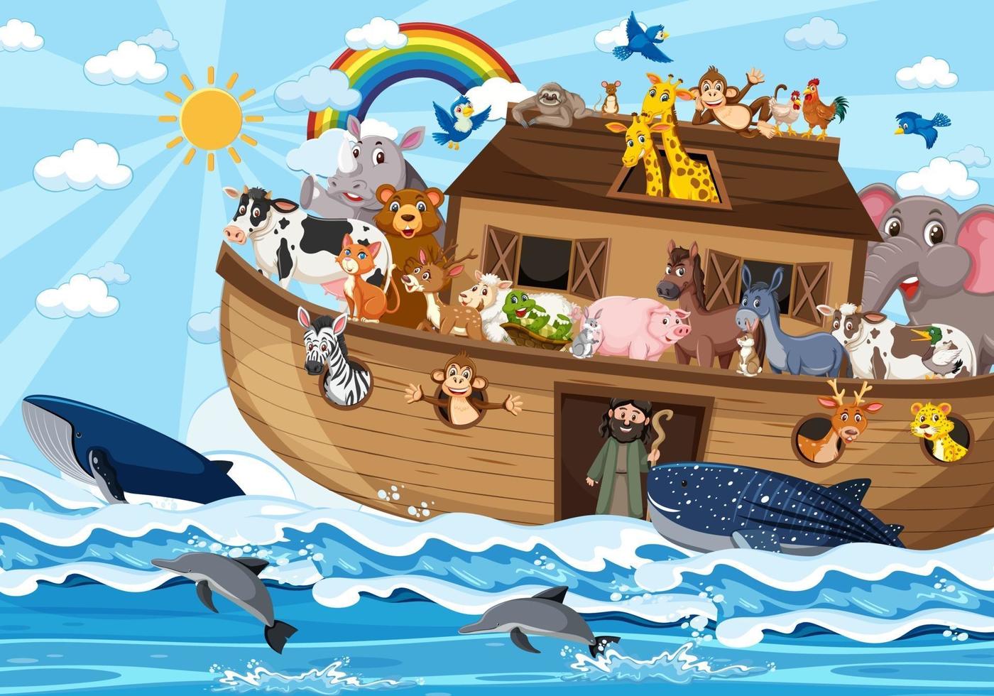 de ark van Noach met dieren in het oceaantafereel vector