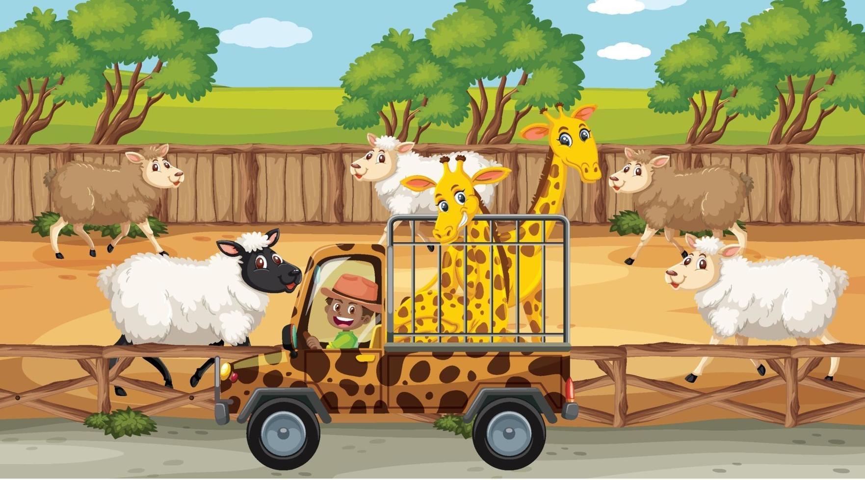 Safari-scènes met veel schapen en stripfiguren voor kinderen vector